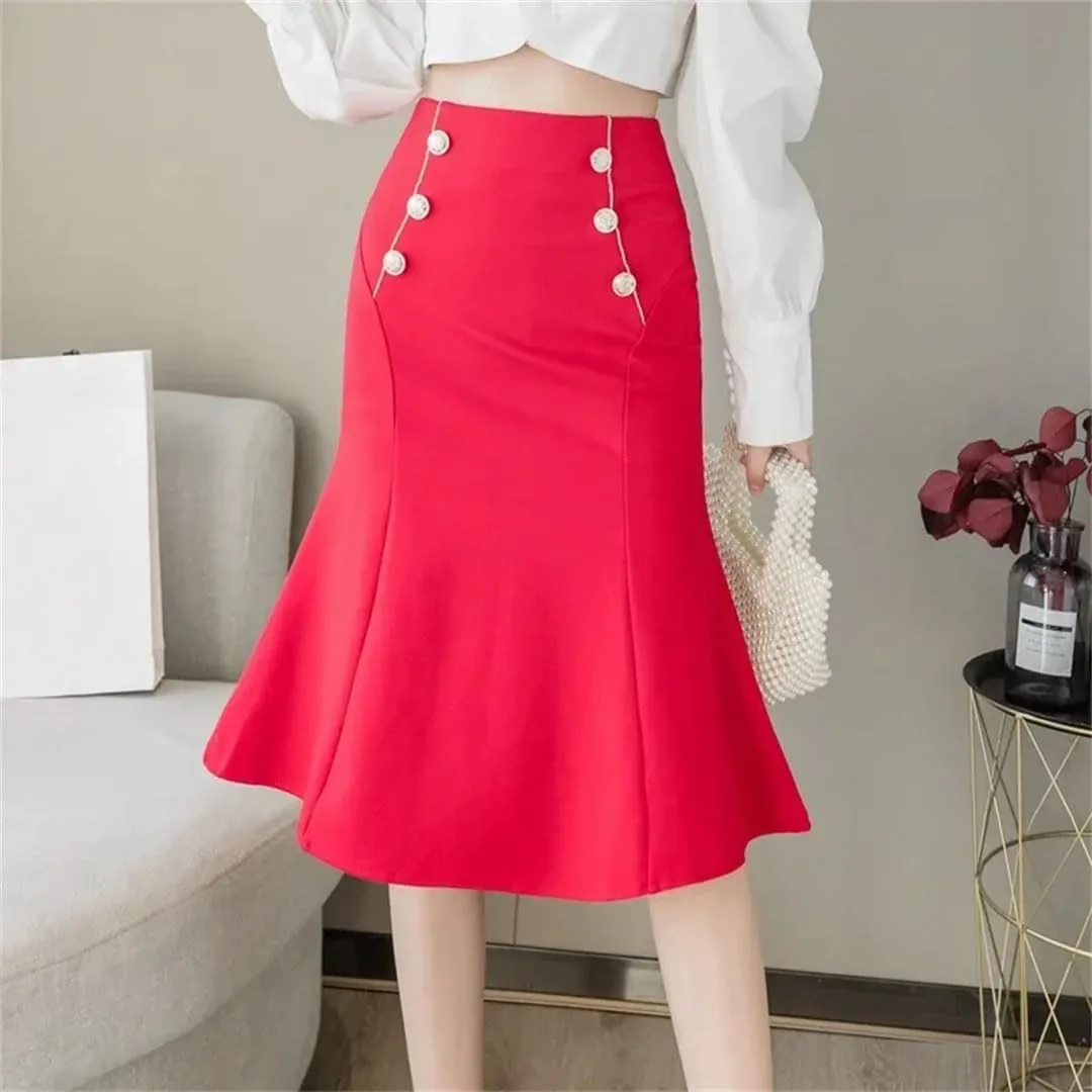 Women Elastic High Waist Skirts Elegant Streetwear Black Office Korean Fashion Button Sexy Party Skirt