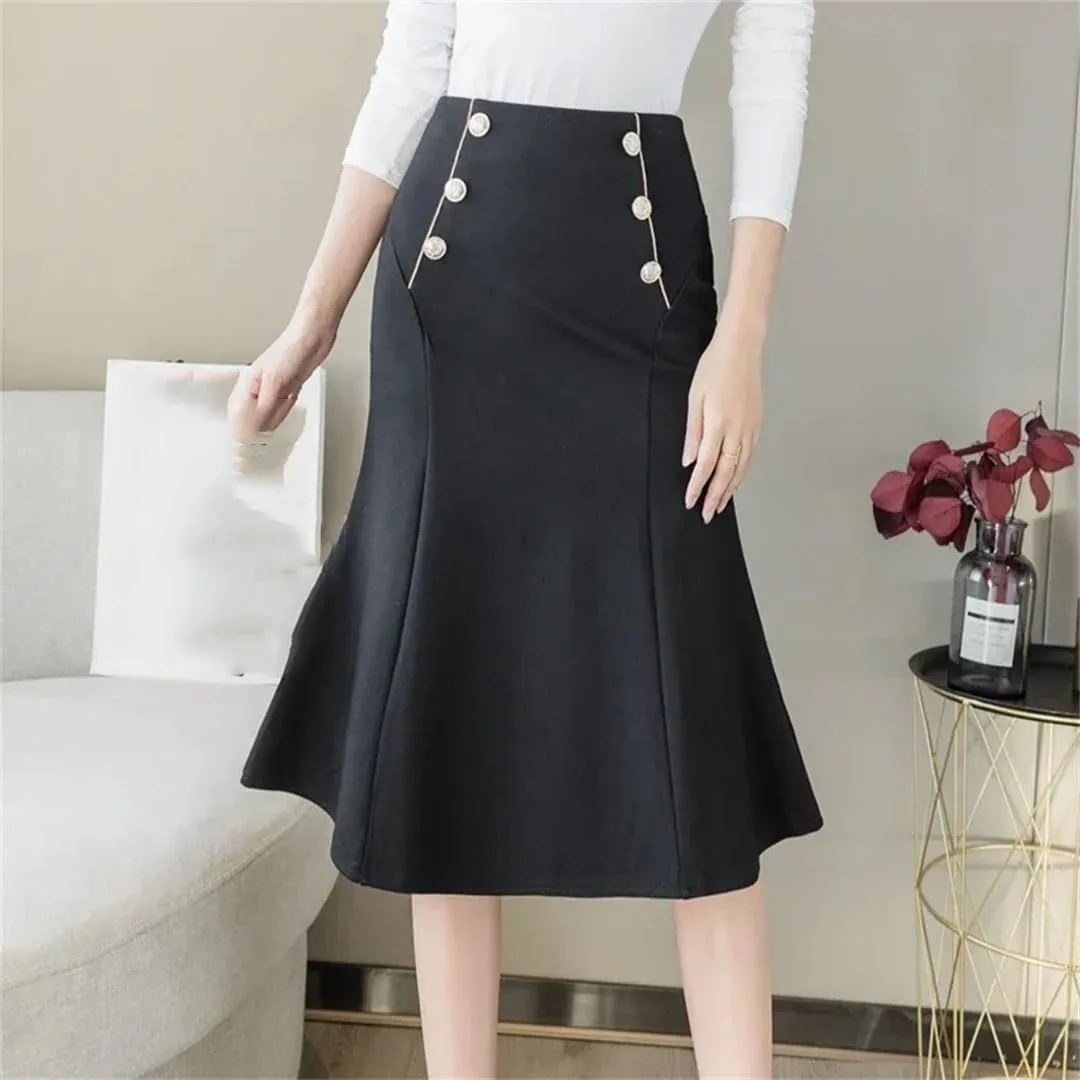 Women Elastic High Waist Skirts Elegant Streetwear Black Office Korean Fashion Button Sexy Party Skirt