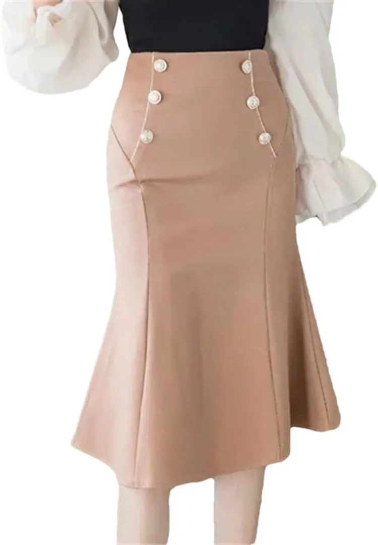 Women Elastic High Waist Skirts Elegant Streetwear Black Office Korean Fashion Button Sexy Party Skirt