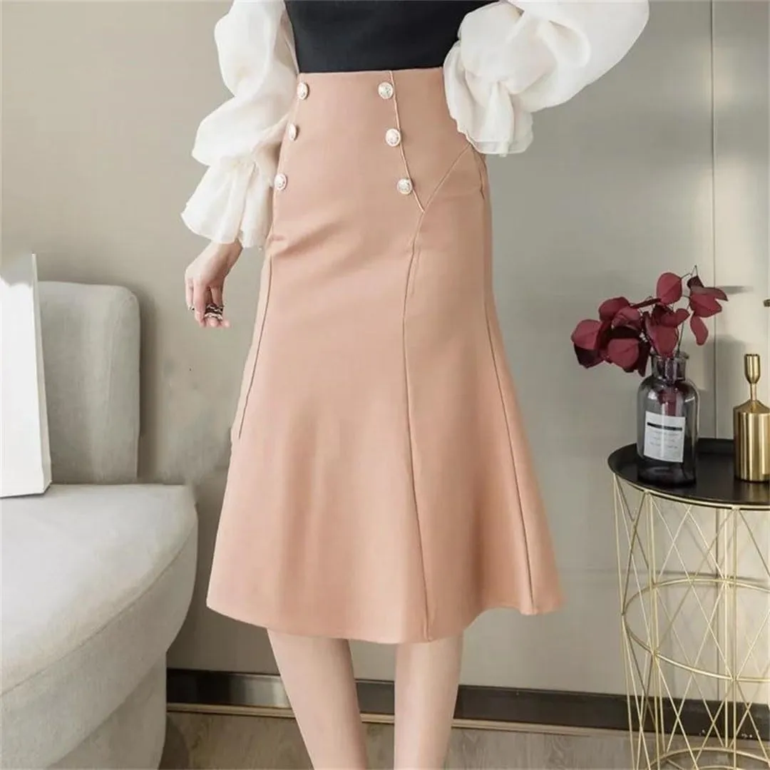 Women Elastic High Waist Skirts Elegant Streetwear Black Office Korean Fashion Button Sexy Party Skirt