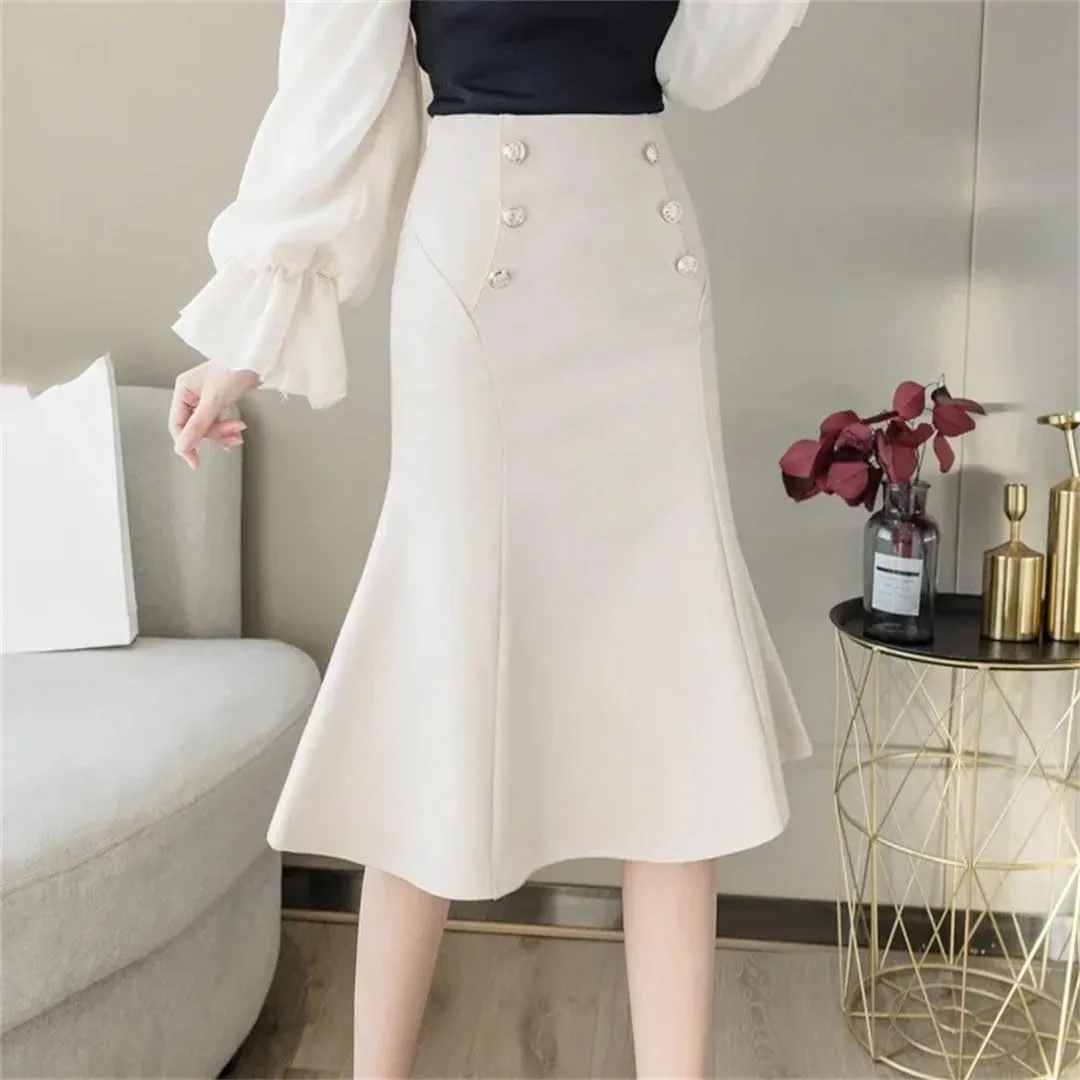 Women Elastic High Waist Skirts Elegant Streetwear Black Office Korean Fashion Button Sexy Party Skirt