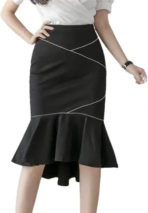 Women Fashion Black Ruffles High Waist Bodycon Long Skirts Elegant Korean Office Sexy Pencil Skirt