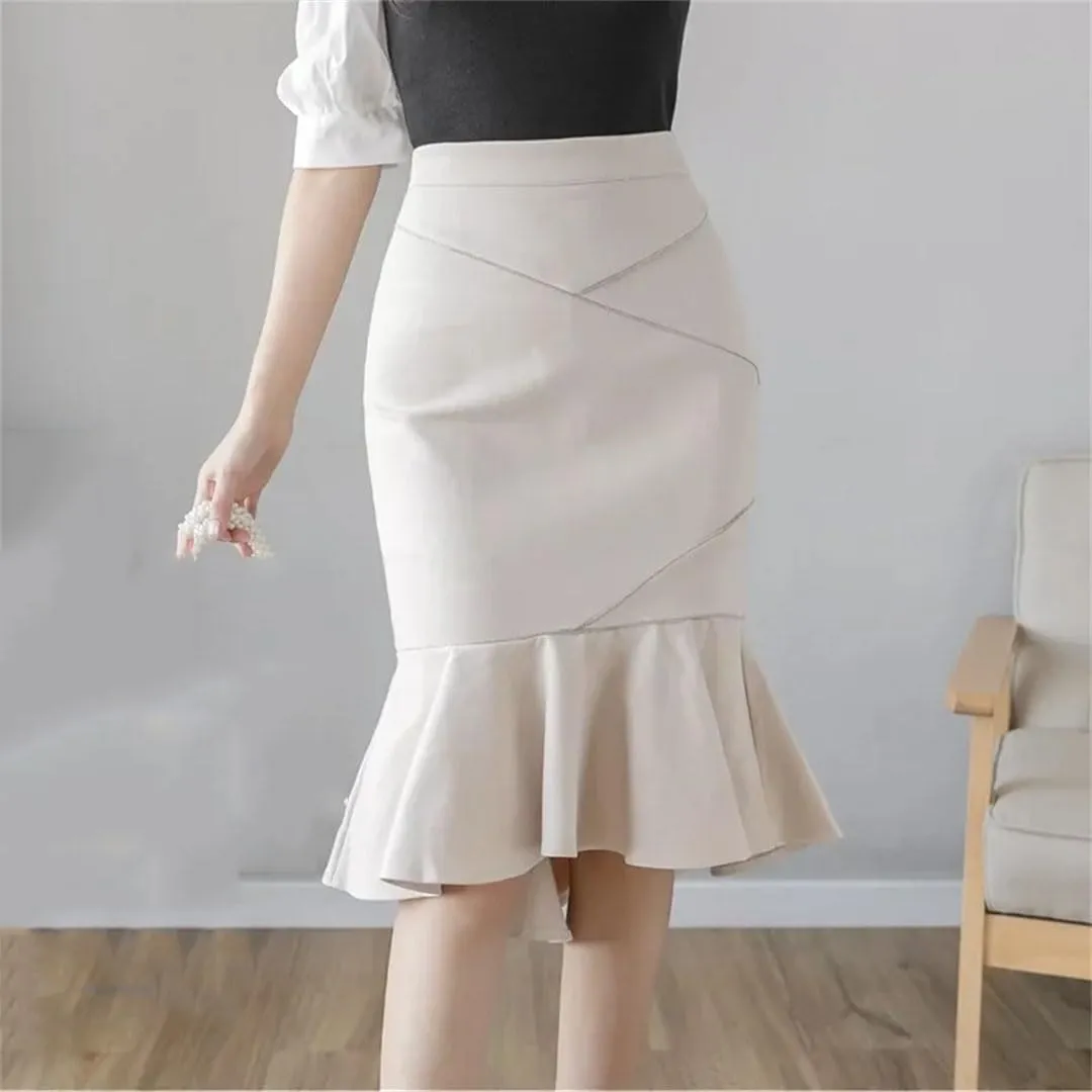 Women Fashion Black Ruffles High Waist Bodycon Long Skirts Elegant Korean Office Sexy Pencil Skirt