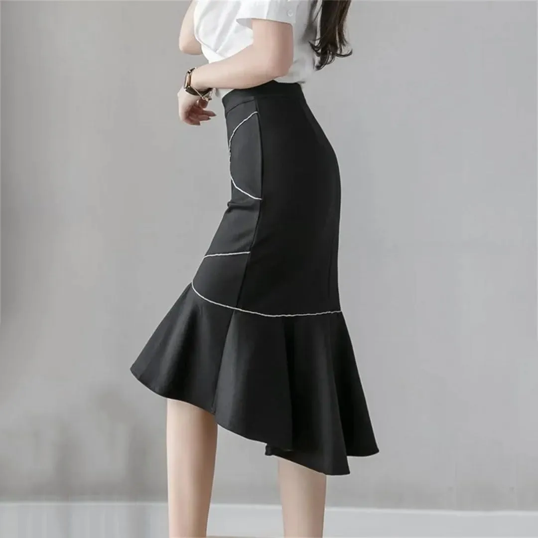 Women Fashion Black Ruffles High Waist Bodycon Long Skirts Elegant Korean Office Sexy Pencil Skirt