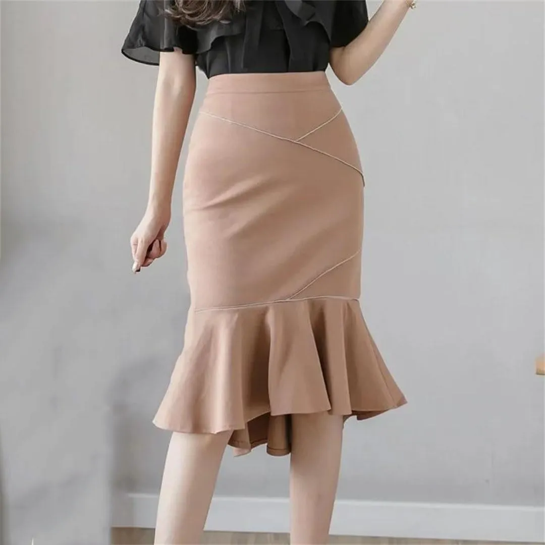 Women Fashion Black Ruffles High Waist Bodycon Long Skirts Elegant Korean Office Sexy Pencil Skirt