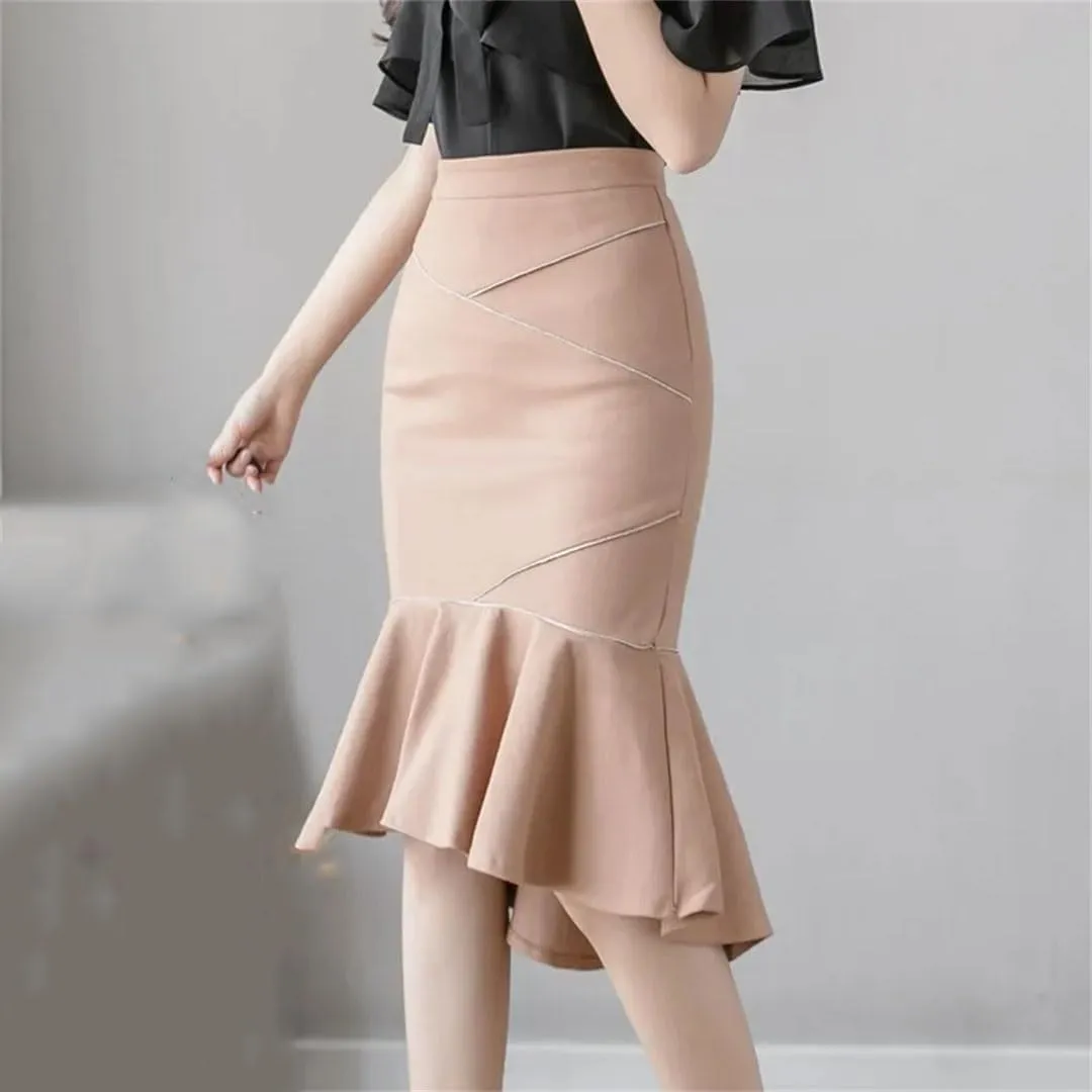 Women Fashion Black Ruffles High Waist Bodycon Long Skirts Elegant Korean Office Sexy Pencil Skirt