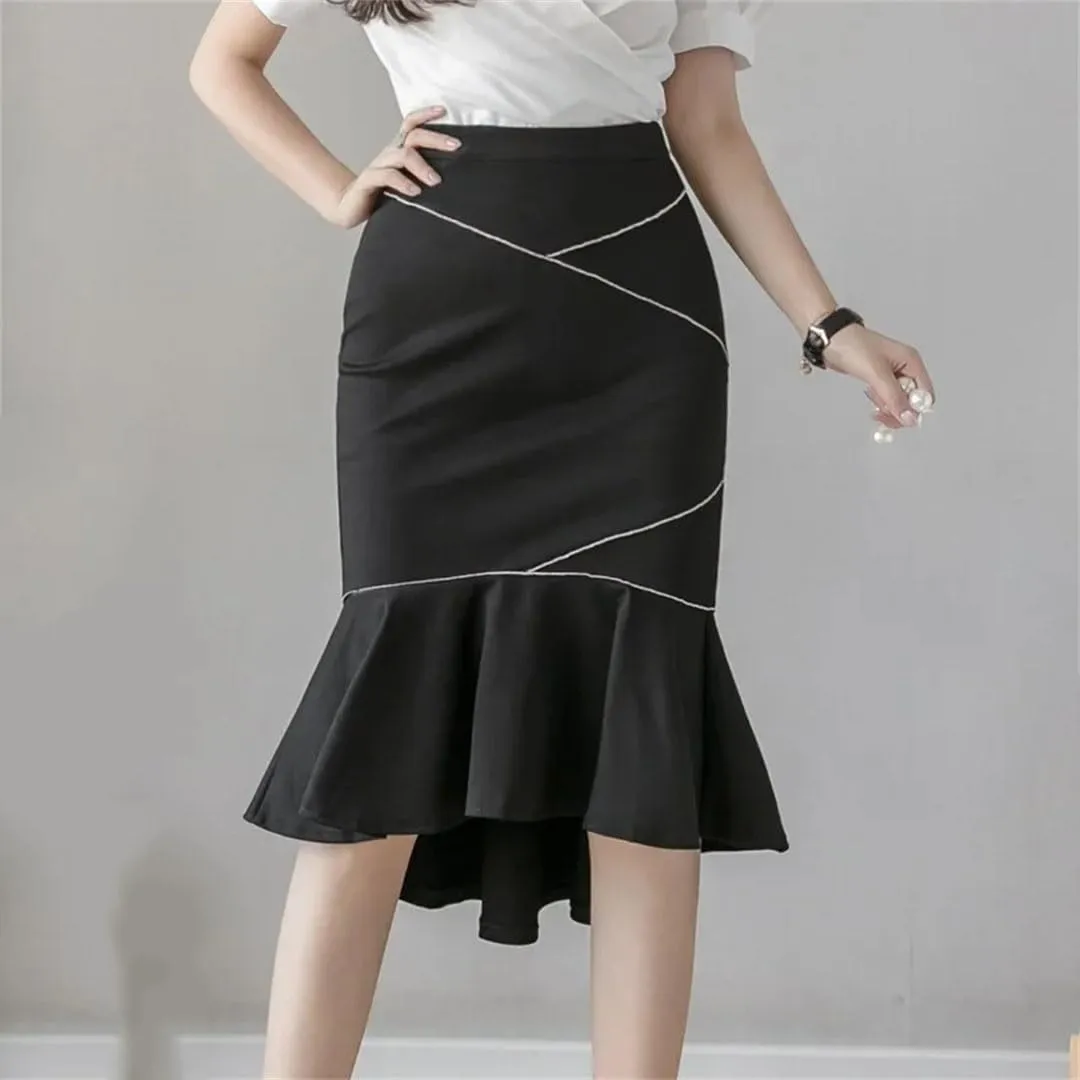 Women Fashion Black Ruffles High Waist Bodycon Long Skirts Elegant Korean Office Sexy Pencil Skirt