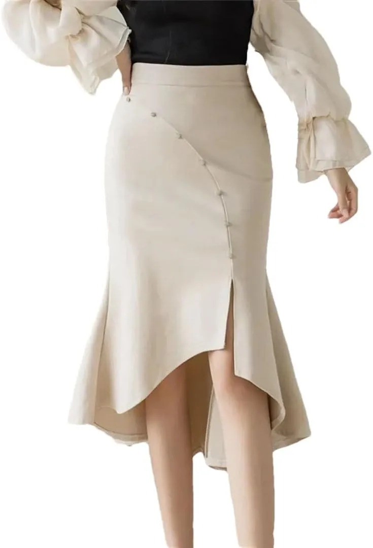 Women Fashion High Wiast Long Skirt Beading Korean Style Elegant Office Black Skirts