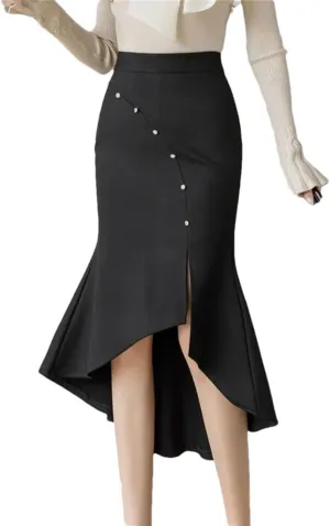Women Fashion High Wiast Long Skirt Beading Korean Style Elegant Office Black Skirts