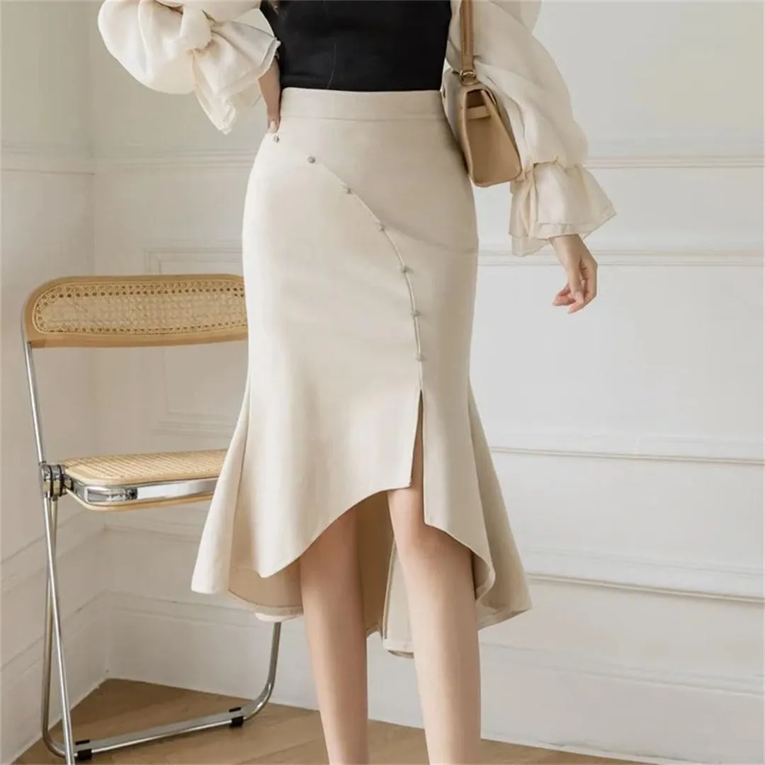 Women Fashion High Wiast Long Skirt Beading Korean Style Elegant Office Black Skirts