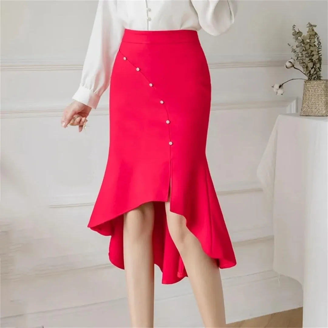 Women Fashion High Wiast Long Skirt Beading Korean Style Elegant Office Black Skirts
