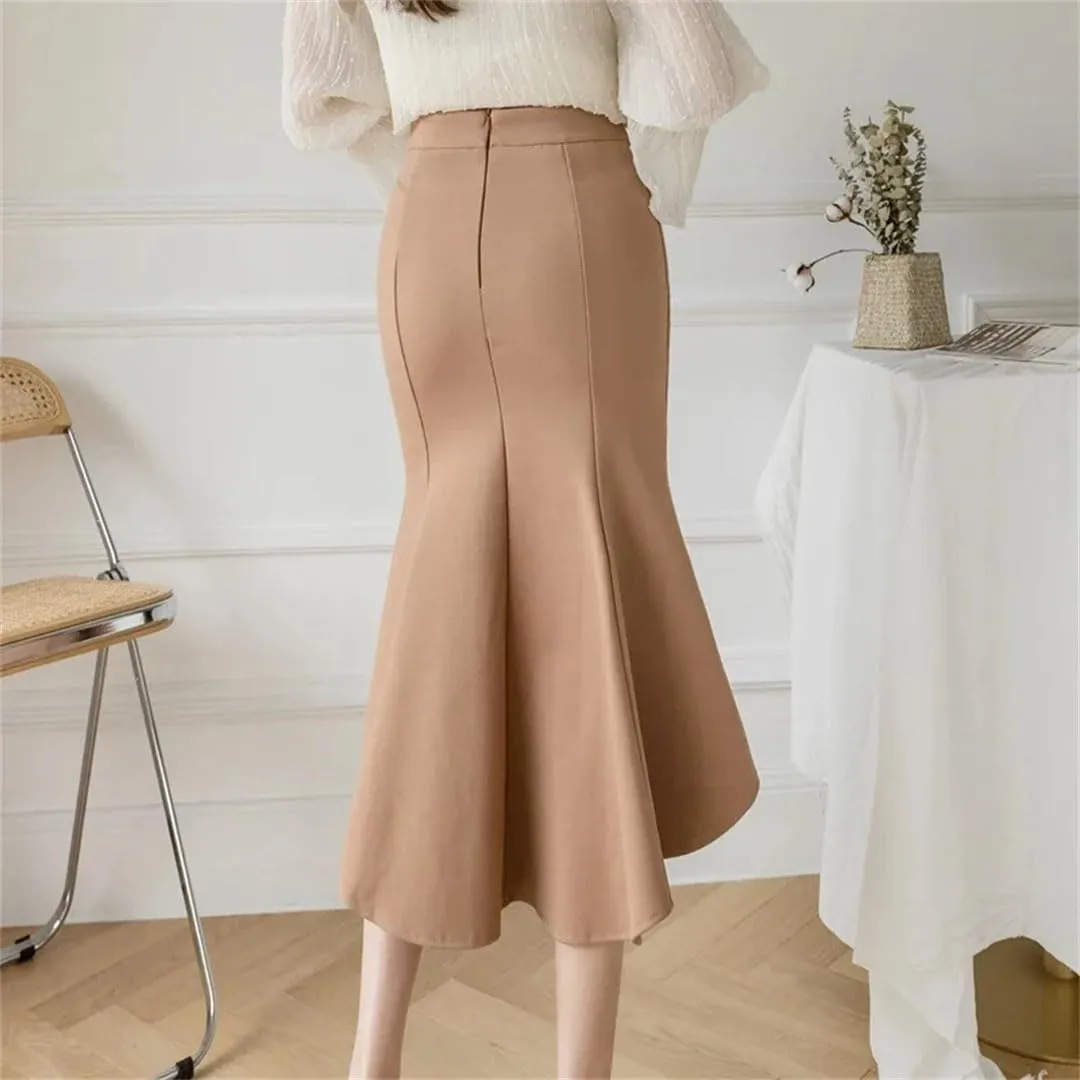 Women Fashion High Wiast Long Skirt Beading Korean Style Elegant Office Black Skirts