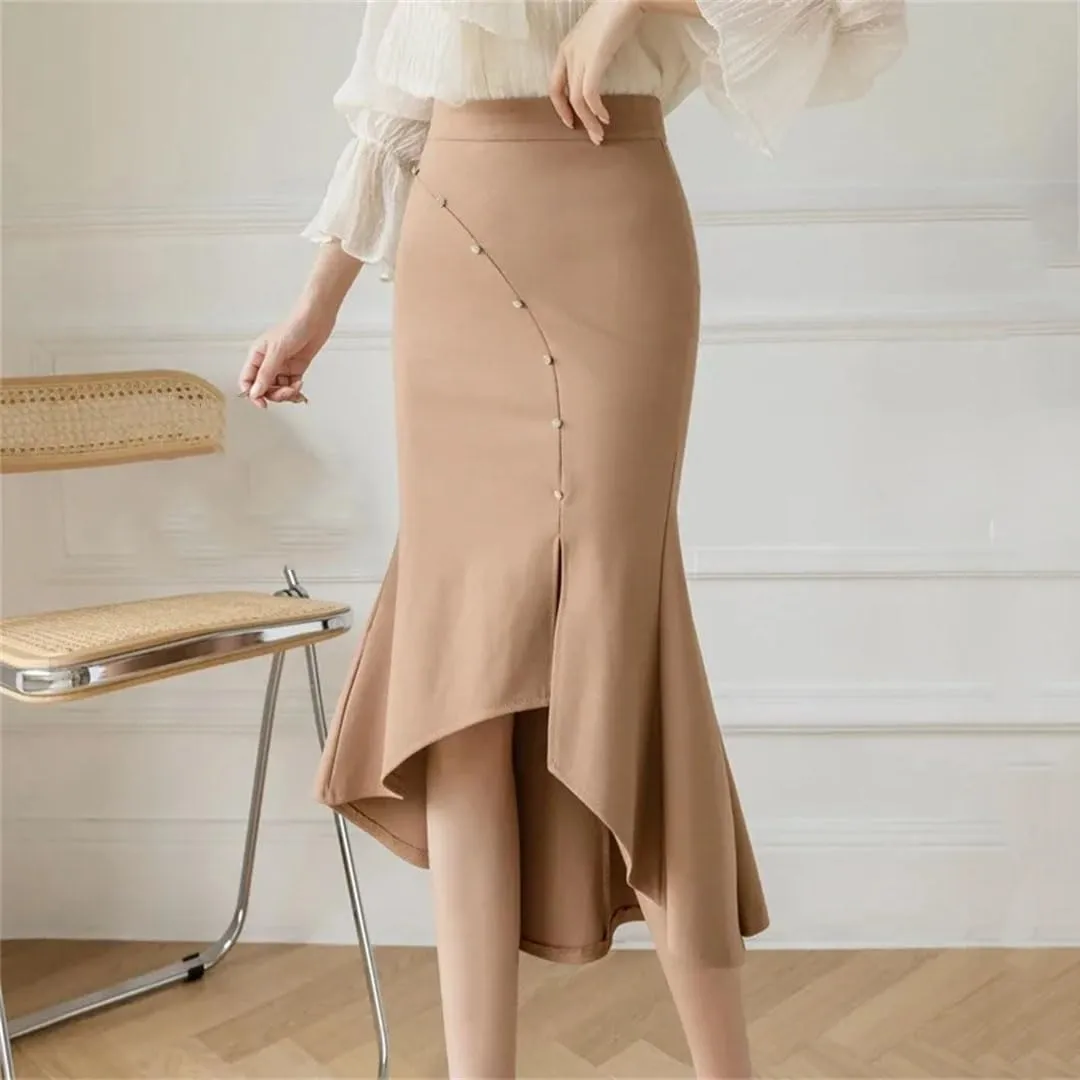 Women Fashion High Wiast Long Skirt Beading Korean Style Elegant Office Black Skirts
