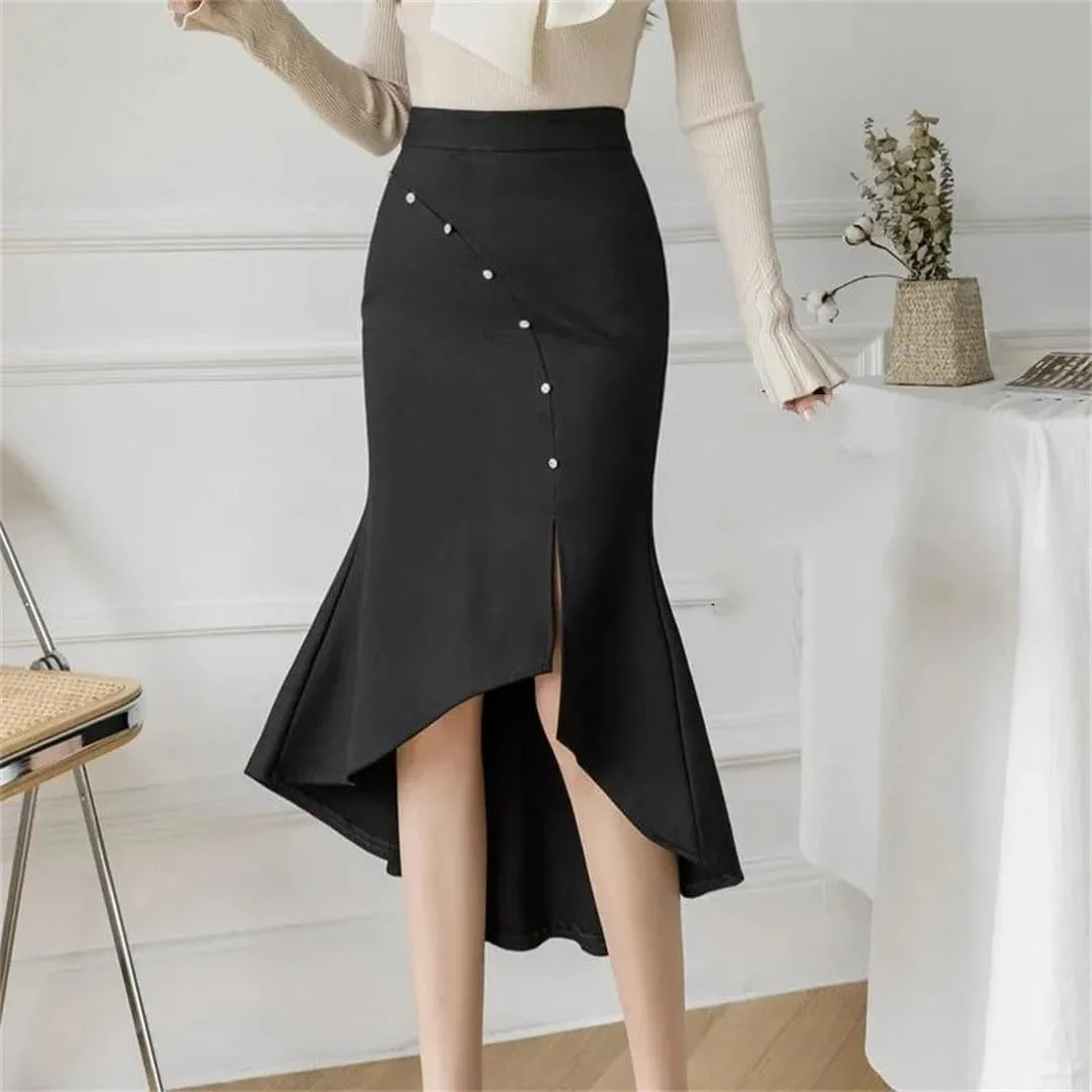 Women Fashion High Wiast Long Skirt Beading Korean Style Elegant Office Black Skirts