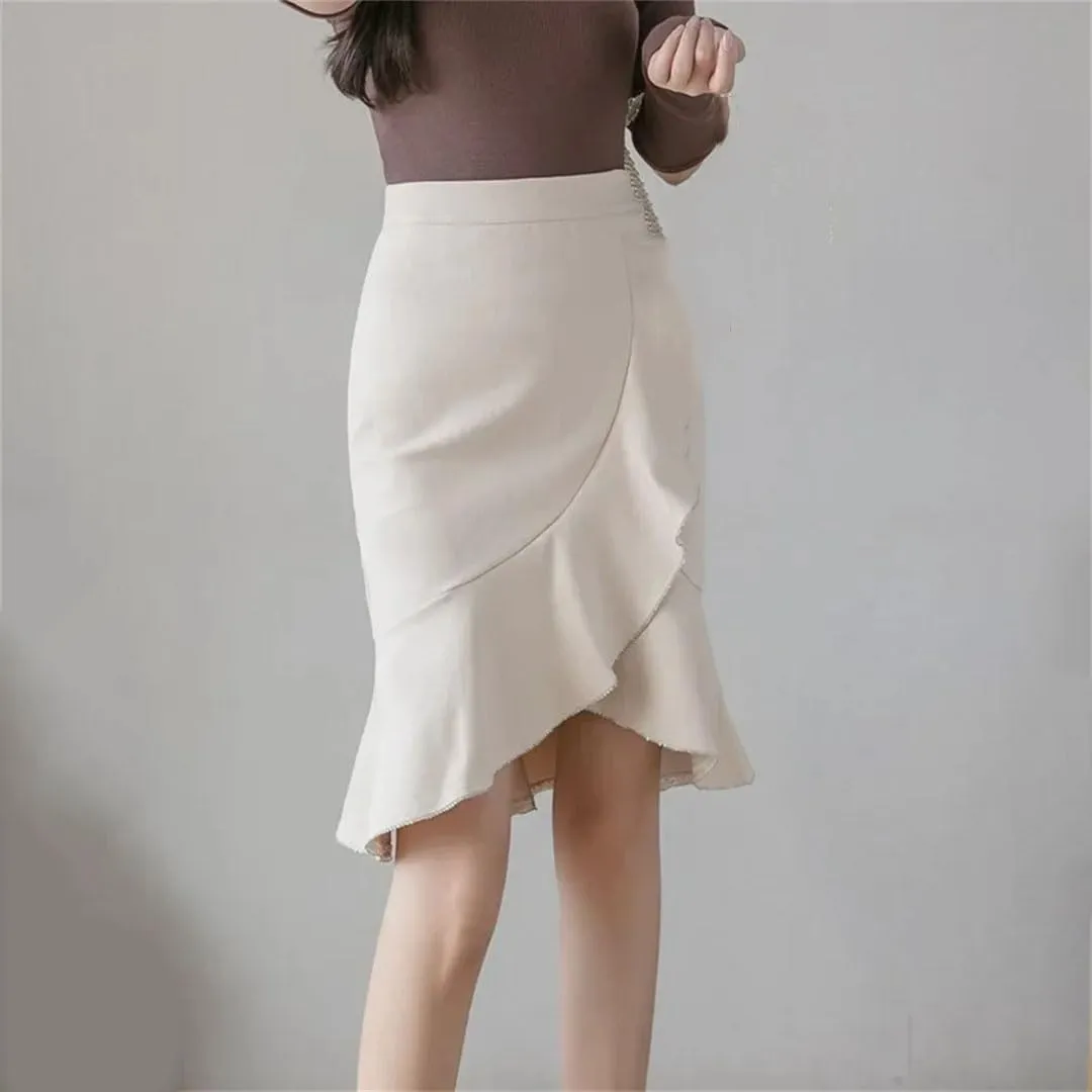 Women Fashion Knee Length Ruffles Bodycon High Waist Skirts Elegant Korean Office Sexy Pencil Skirt