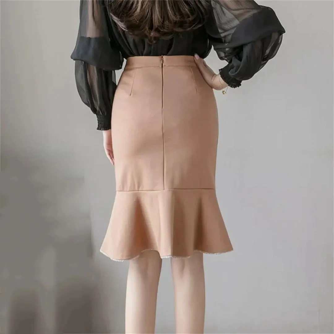Women Fashion Knee Length Ruffles Bodycon High Waist Skirts Elegant Korean Office Sexy Pencil Skirt