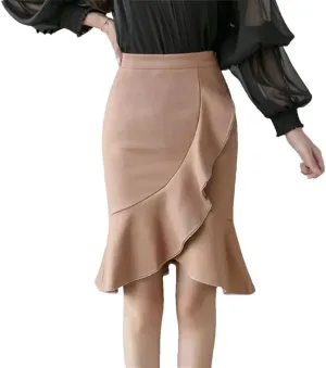 Women Fashion Knee Length Ruffles Bodycon High Waist Skirts Elegant Korean Office Sexy Pencil Skirt