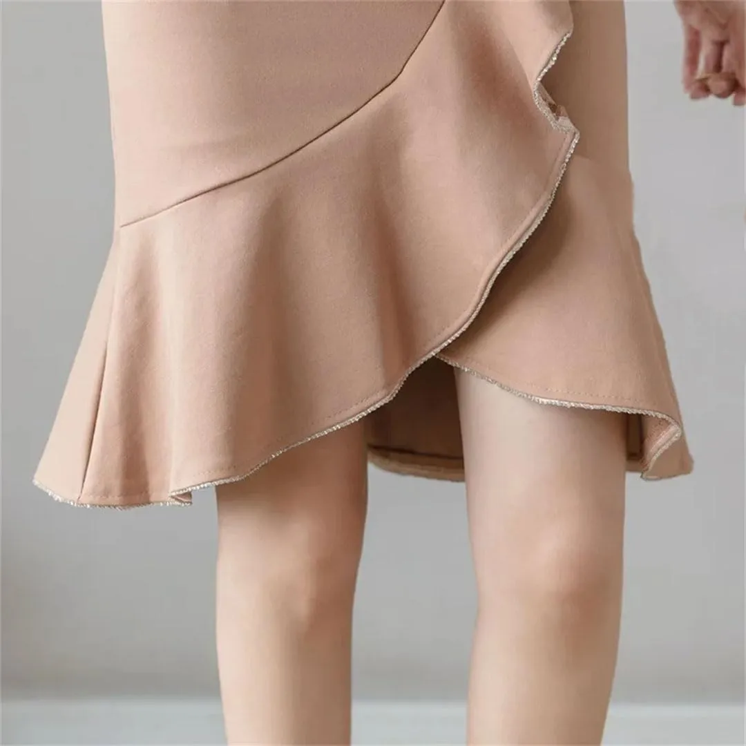 Women Fashion Knee Length Ruffles Bodycon High Waist Skirts Elegant Korean Office Sexy Pencil Skirt