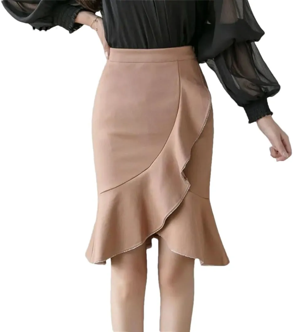 Women Fashion Knee Length Ruffles Bodycon High Waist Skirts Elegant Korean Office Sexy Pencil Skirt