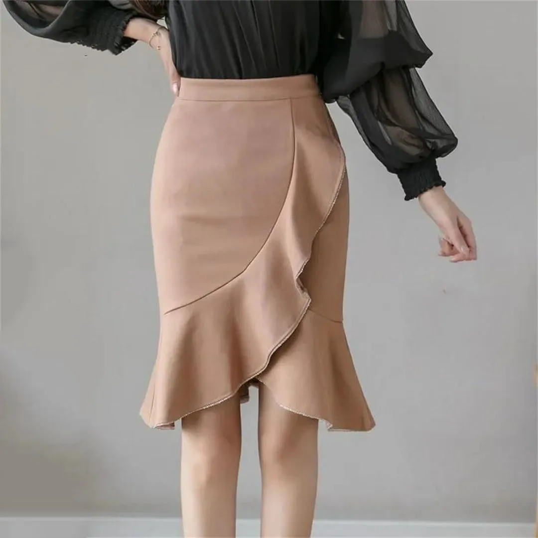 Women Fashion Knee Length Ruffles Bodycon High Waist Skirts Elegant Korean Office Sexy Pencil Skirt
