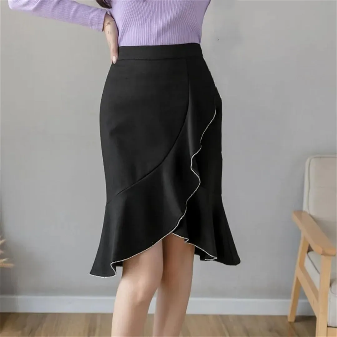 Women Fashion Knee Length Ruffles Bodycon High Waist Skirts Elegant Korean Office Sexy Pencil Skirt