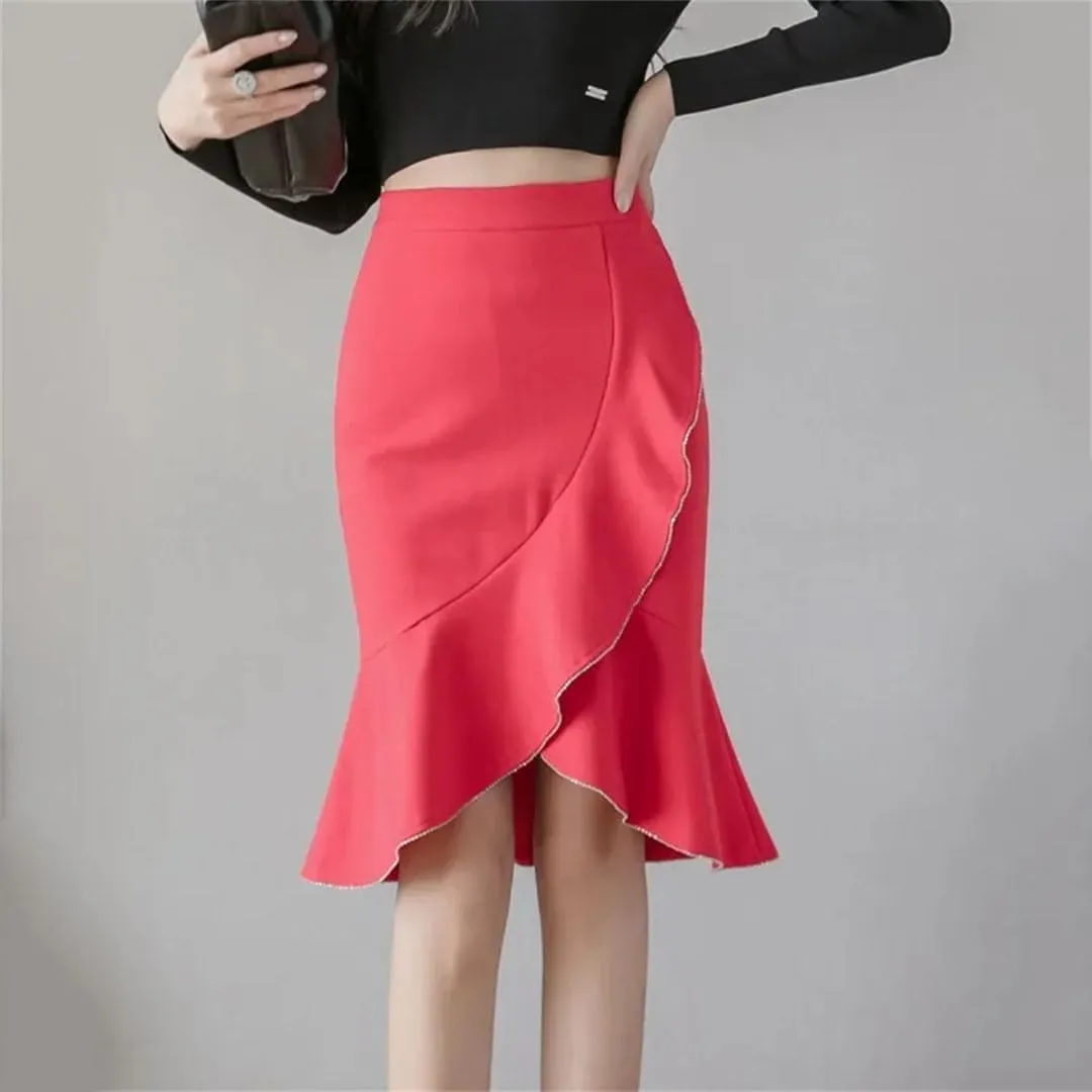 Women Fashion Knee Length Ruffles Bodycon High Waist Skirts Elegant Korean Office Sexy Pencil Skirt