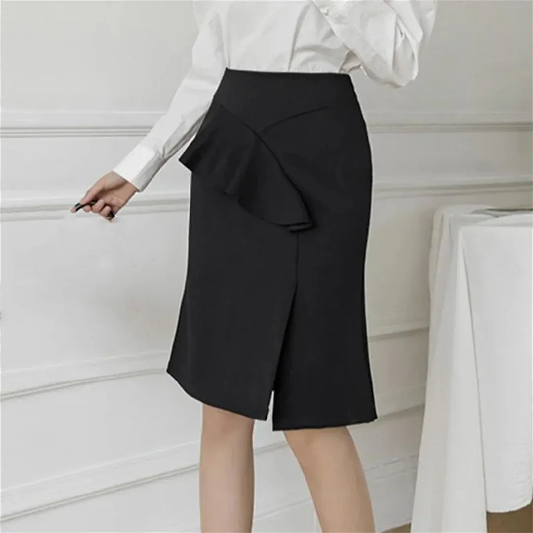 Women Fashion Summer Ruffles High Wiast Pencil Skirt Elegant Office Korean Sexy Bodycon Midi Black Skirt