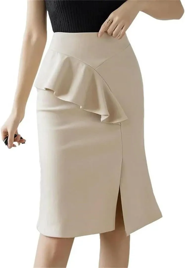 Women Fashion Summer Ruffles High Wiast Pencil Skirt Elegant Office Korean Sexy Bodycon Midi Black Skirt