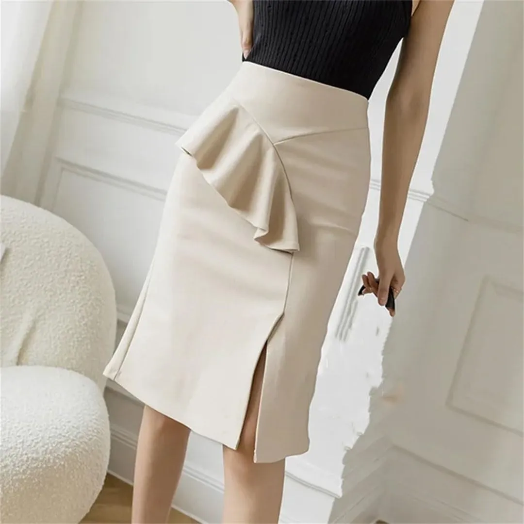 Women Fashion Summer Ruffles High Wiast Pencil Skirt Elegant Office Korean Sexy Bodycon Midi Black Skirt