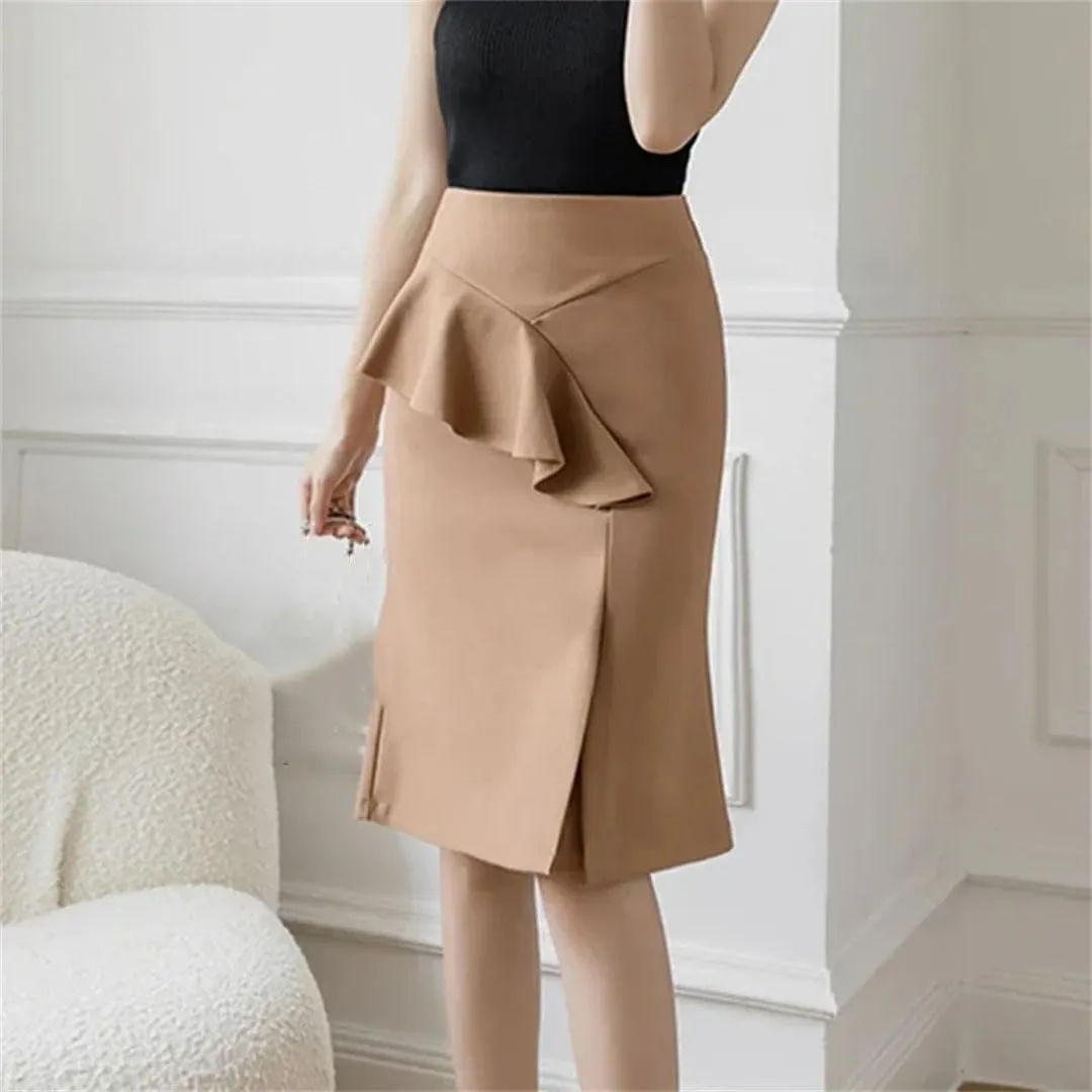 Women Fashion Summer Ruffles High Wiast Pencil Skirt Elegant Office Korean Sexy Bodycon Midi Black Skirt