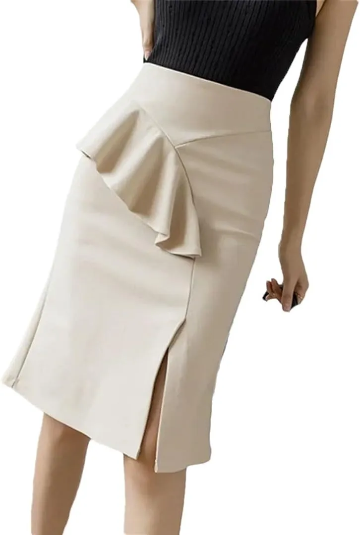 Women Fashion Summer Ruffles High Wiast Pencil Skirt Elegant Office Korean Sexy Bodycon Midi Black Skirt