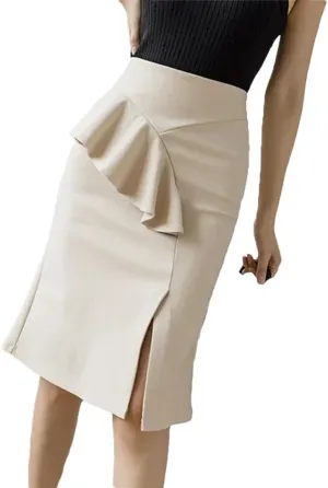 Women Fashion Summer Ruffles High Wiast Pencil Skirt Elegant Office Korean Sexy Bodycon Midi Black Skirt