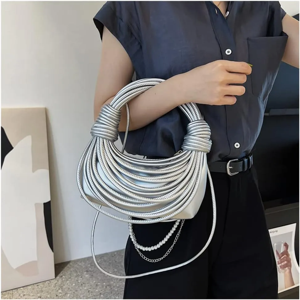 Women Fashion Woven Handbag PU Leather Satchel Creative Noodles Style Crossbody Bag