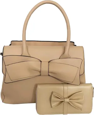 Women Handbag 2 Pcs Set Big Bow-Knot PU Leather Top Handle Bag Designer Tote Bag Clutch Wallet Set for Ladies, Pink