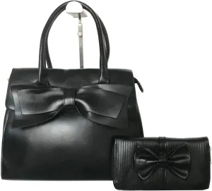 Women Handbag 2 Pcs Set Big Bow-Knot PU Leather Top Handle Bag Designer Tote Bag Clutch Wallet Set for Ladies, Pink