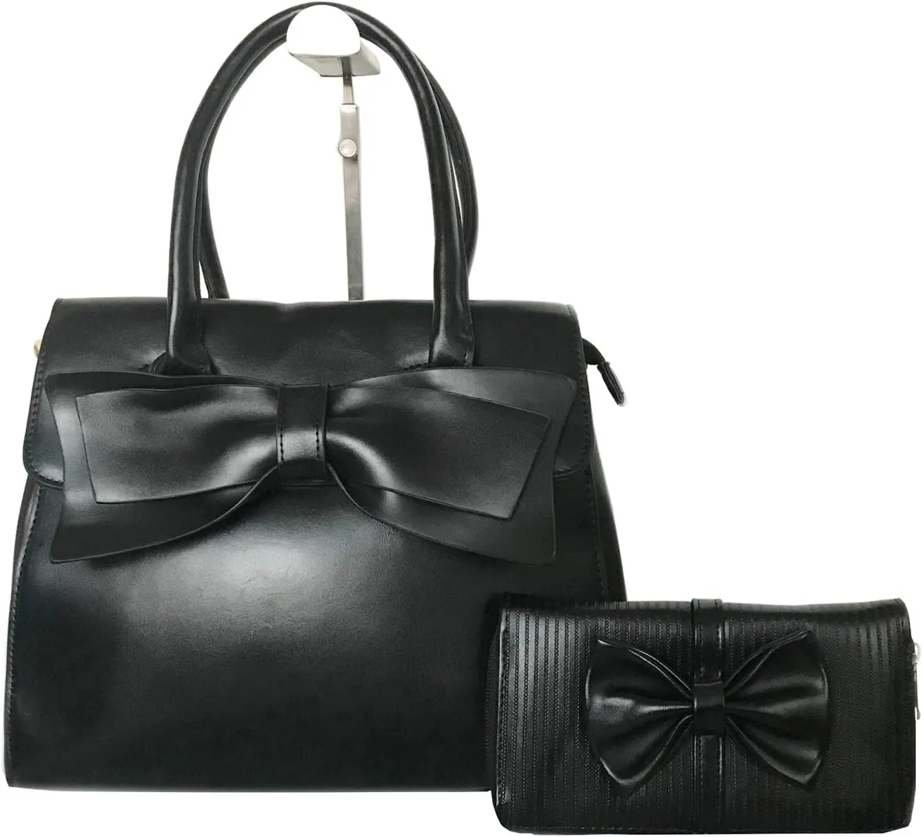 Women Handbag 2 Pcs Set Big Bow-Knot PU Leather Top Handle Bag Designer Tote Bag Clutch Wallet Set for Ladies, Pink