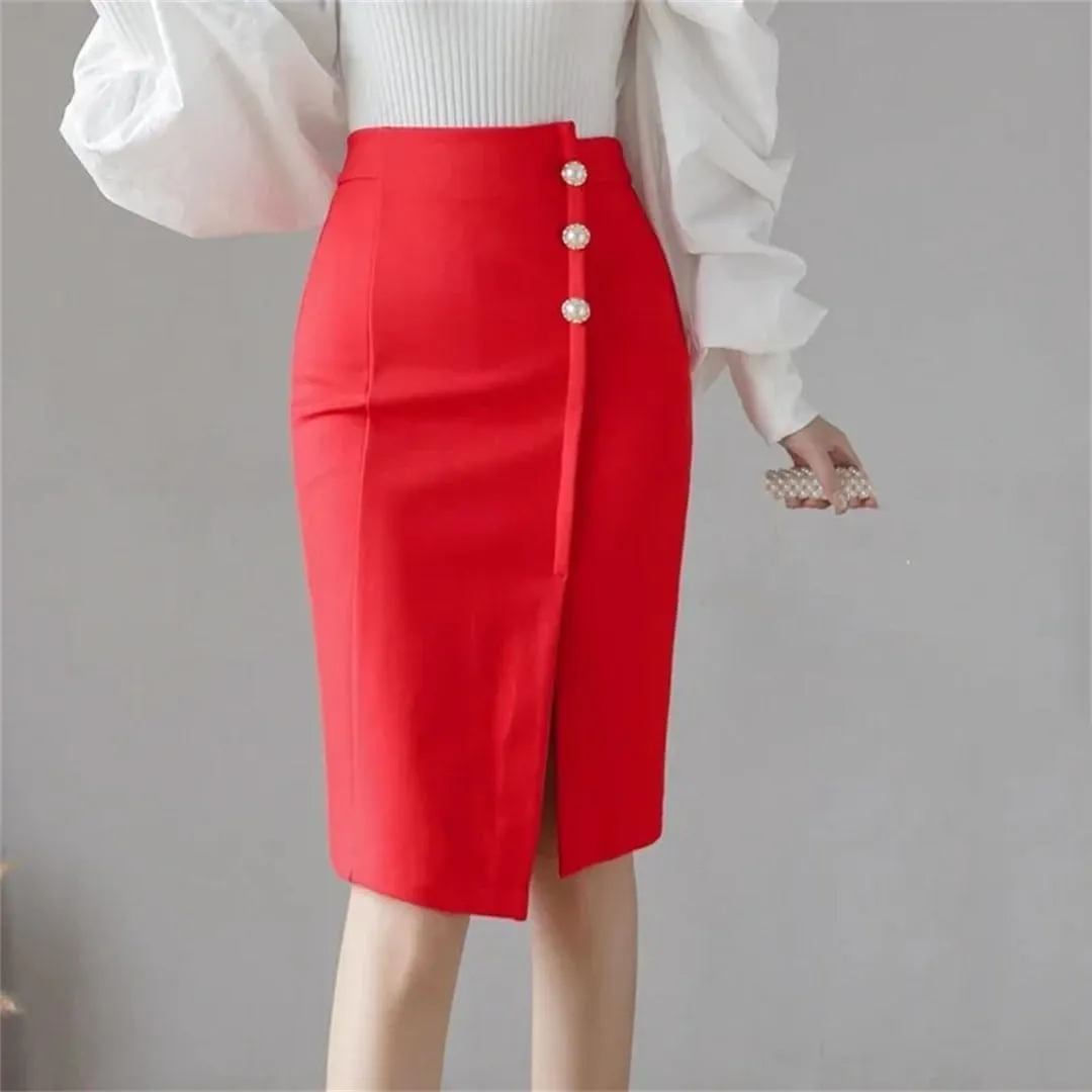 Women Knee Length Bodycon Pencil Skirt Fashion High Waist Korean Winter Elegant Office Skirt