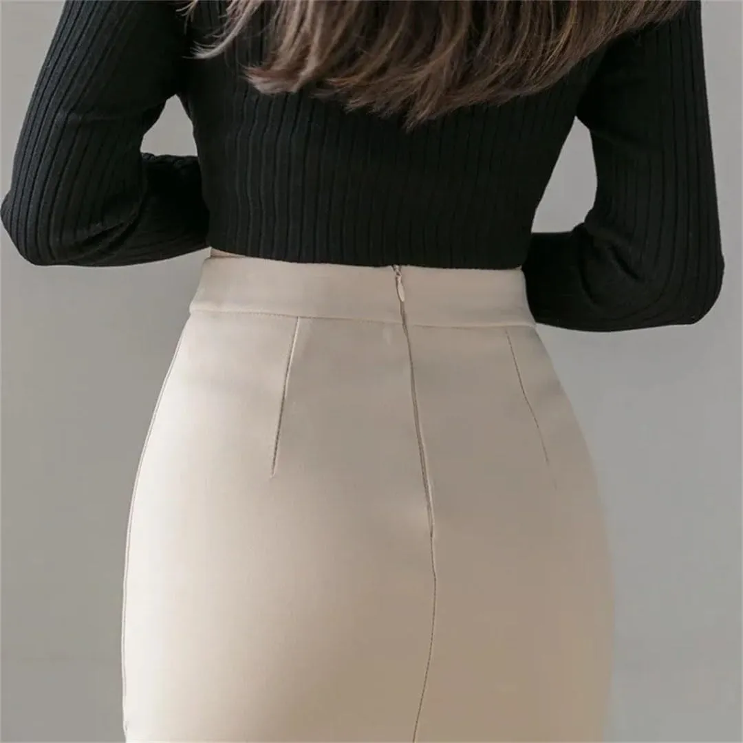 Women Knee Length Bodycon Pencil Skirt Fashion High Waist Korean Winter Elegant Office Skirt