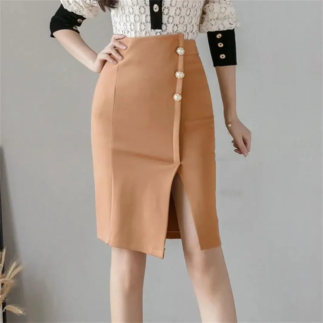 Women Knee Length Bodycon Pencil Skirt Fashion High Waist Korean Winter Elegant Office Skirt