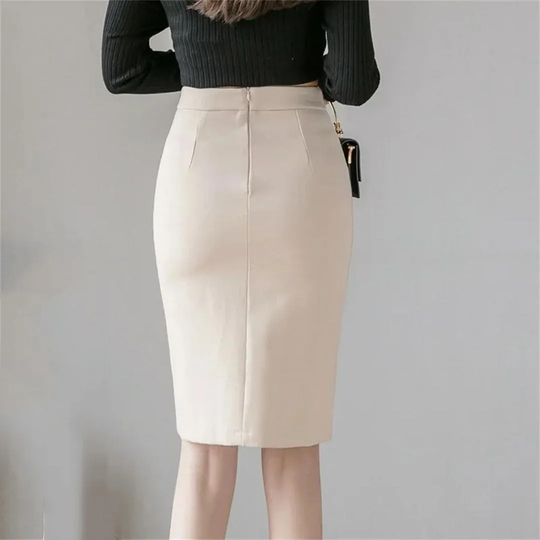 Women Knee Length Bodycon Pencil Skirt Fashion High Waist Korean Winter Elegant Office Skirt