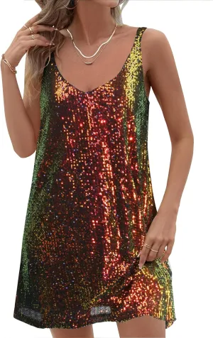 Women Sequin Sexy V Neck Shift Dress Sparkly Glitter Sleeveless Short Flowy Loose Party Night Out Club Dress