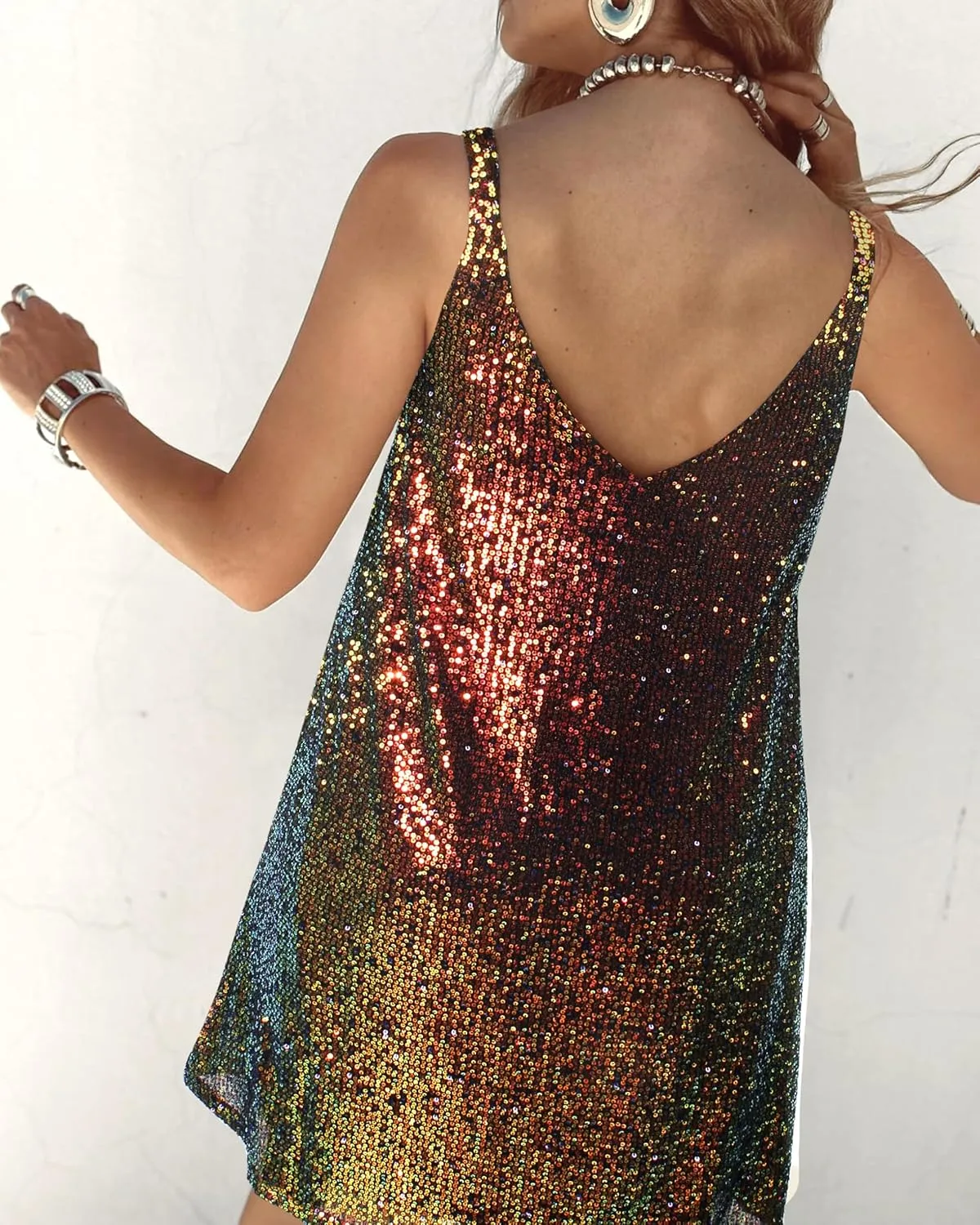 Women Sequin Sexy V Neck Shift Dress Sparkly Glitter Sleeveless Short Flowy Loose Party Night Out Club Dress