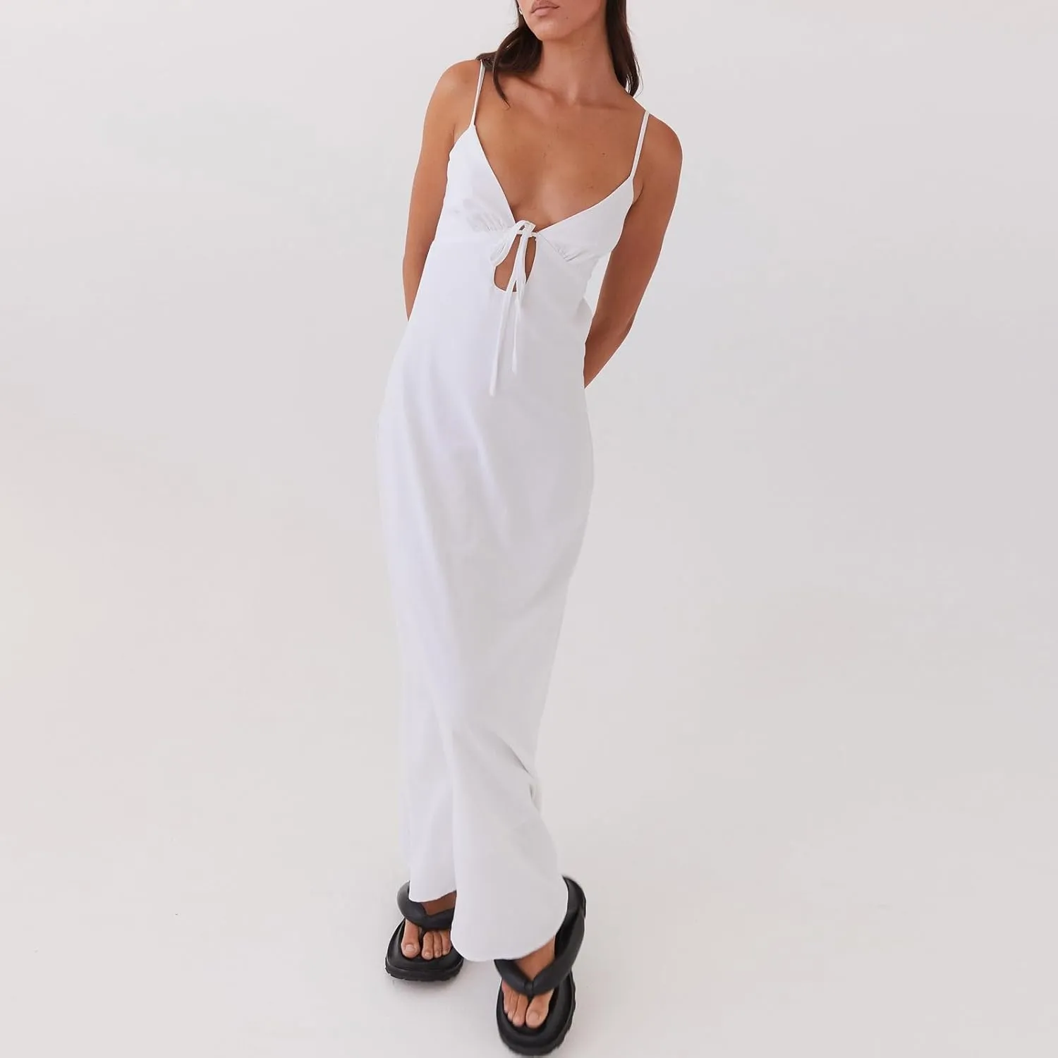 Women Silk Satin Maxi Dress Spaghetti Strap Elegant Open Back Long Formal Dress Cut Out Bodycon Dresses