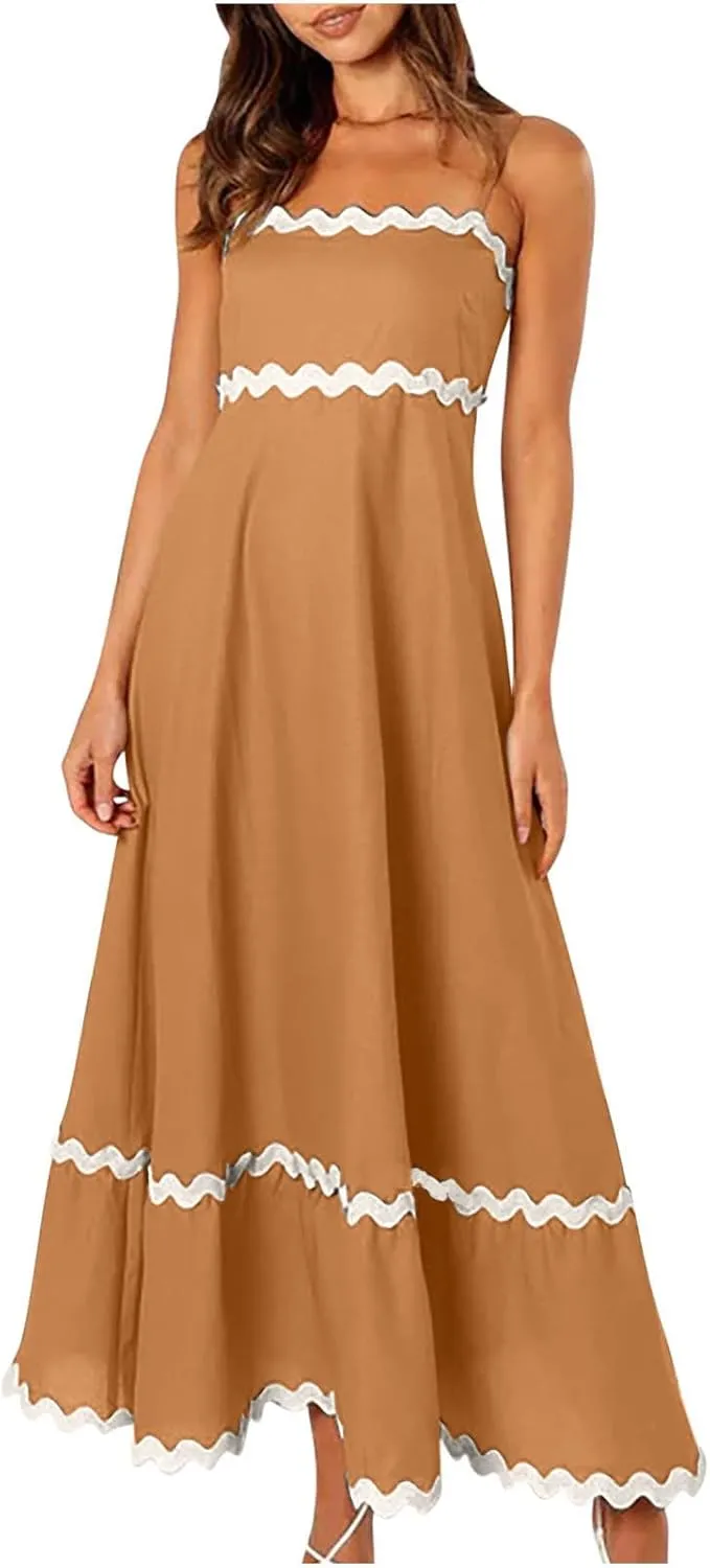 Women Spaghetti Strap Maxi Dresses Trendy Grahpic Design Sundress A Line Elegant Loose Fit Dresses