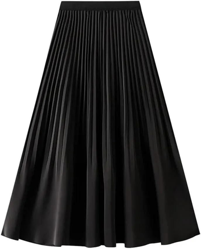 Women Spring Summer High Waisted Satin Pleated Midi Long Skirt Korean Style Elegant Loose Skirts