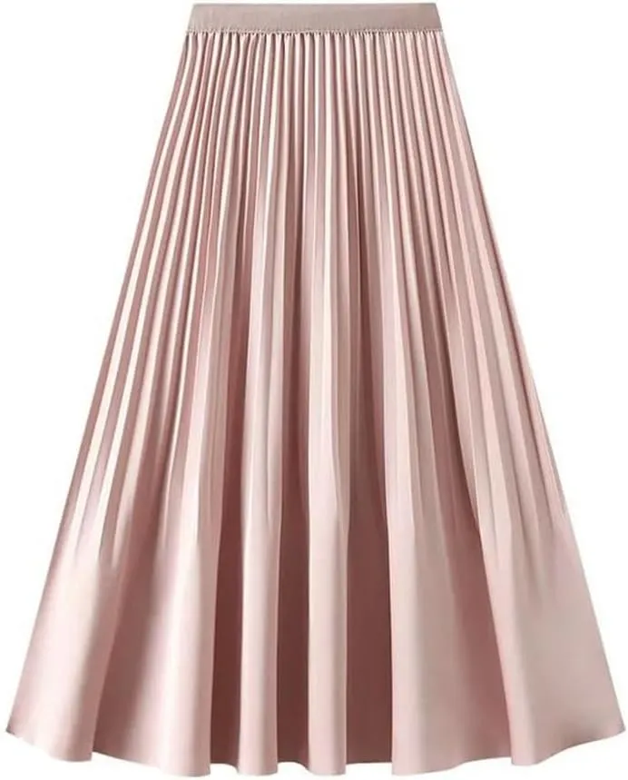 Women Spring Summer High Waisted Satin Pleated Midi Long Skirt Korean Style Elegant Loose Skirts