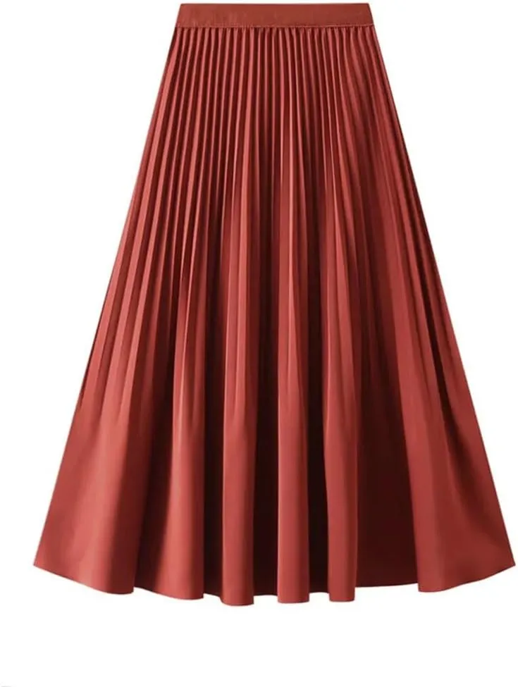 Women Spring Summer High Waisted Satin Pleated Midi Long Skirt Korean Style Elegant Loose Skirts