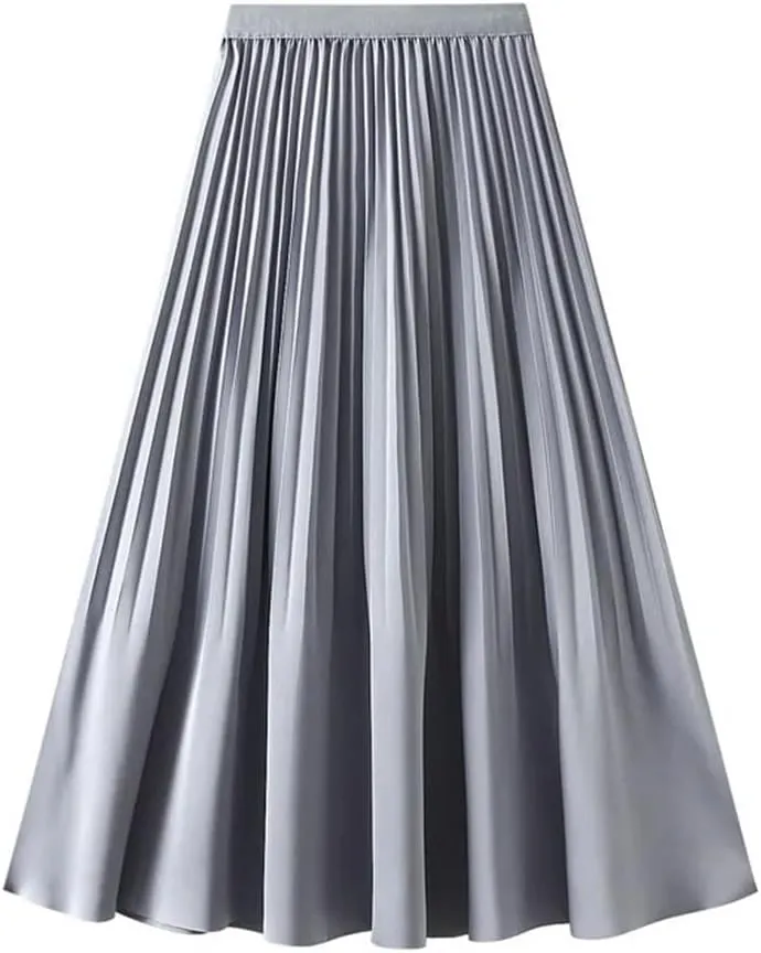 Women Spring Summer High Waisted Satin Pleated Midi Long Skirt Korean Style Elegant Loose Skirts