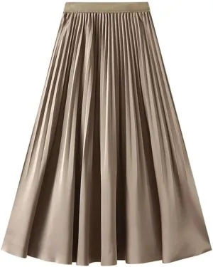 Women Spring Summer High Waisted Satin Pleated Midi Long Skirt Korean Style Elegant Loose Skirts