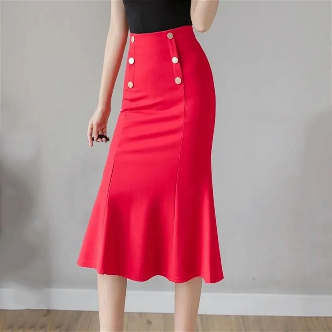 Women Winter Fashion Button High Waist Long Sexy Skirts Elegant Korean Office Midi Skirt